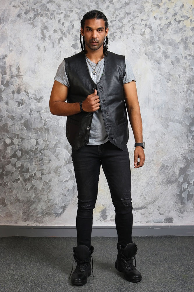 Black Leather Motorcycle Vest Mens