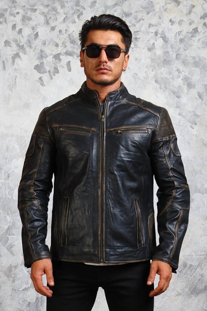Distressed Mens Biker Leather Jacket