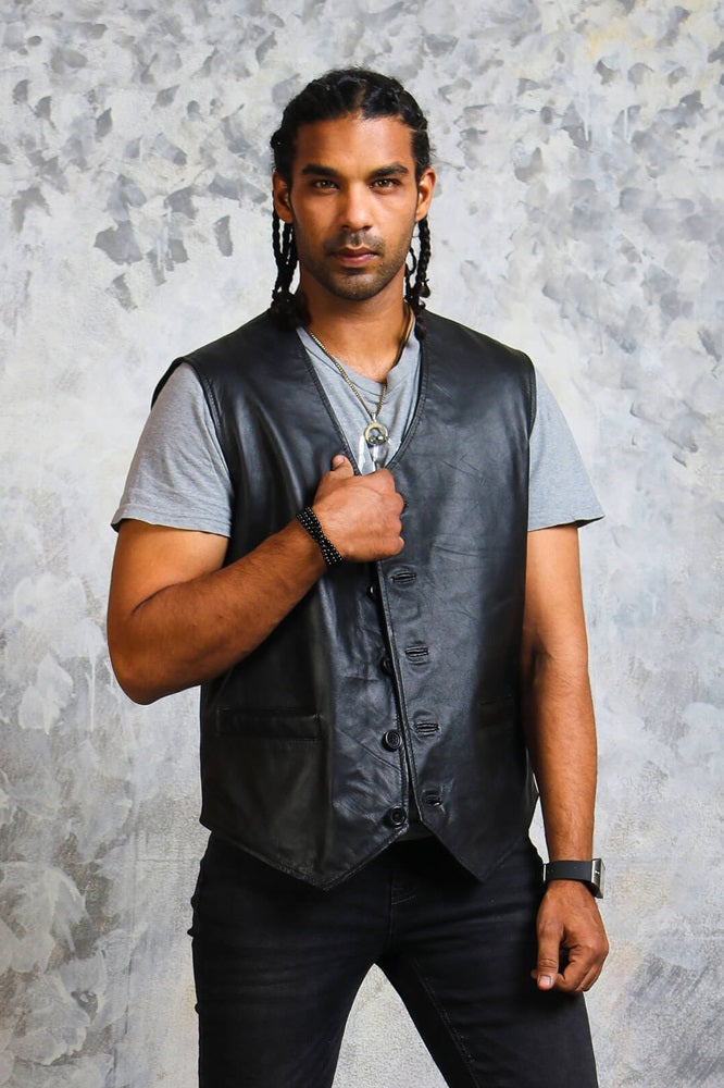 Mens Classic Black Leather Motorcycle Vest