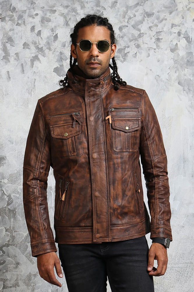 Biker Brown Leather Jacket Detachable Collar