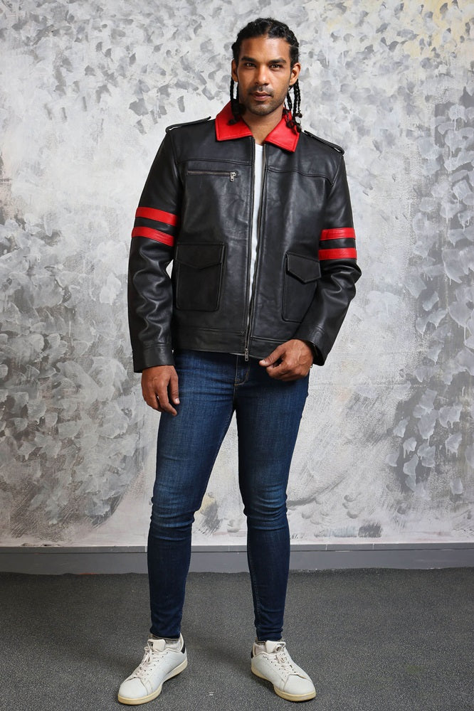 Black And Red Leather Jacket Collared