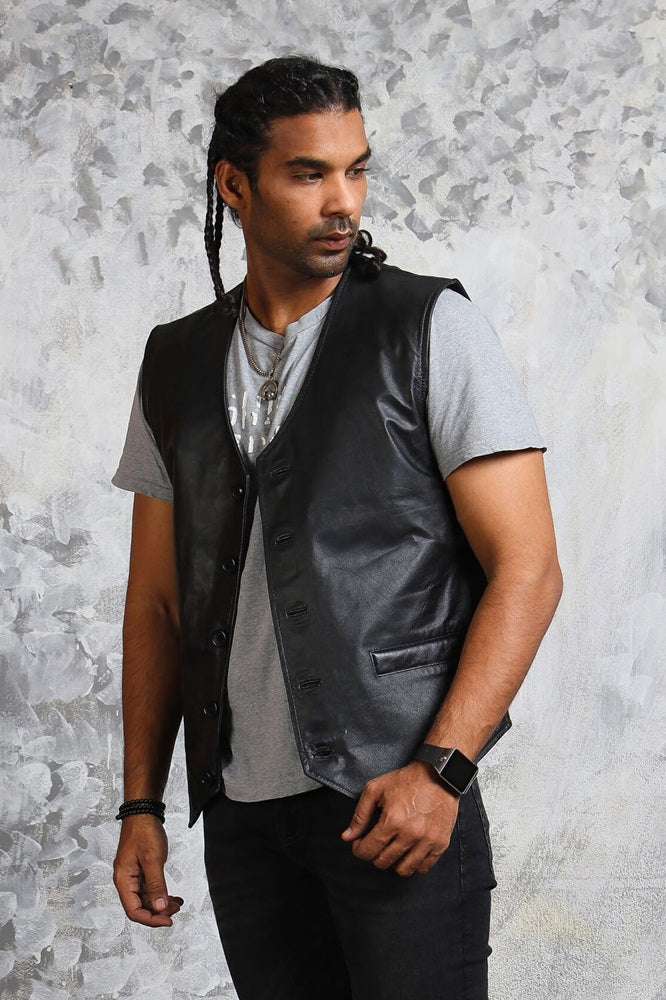 Black Genuine Leather Biker Vest