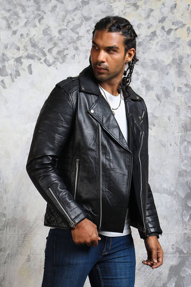 Black Leather Jacket For Mens With Buttoned Collar