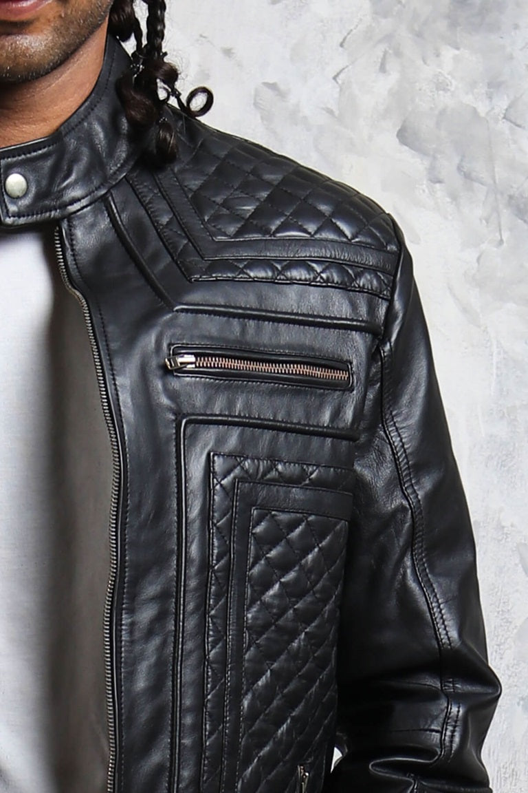 Men's Biker Leather Quilted Jacket - Skull with Wings