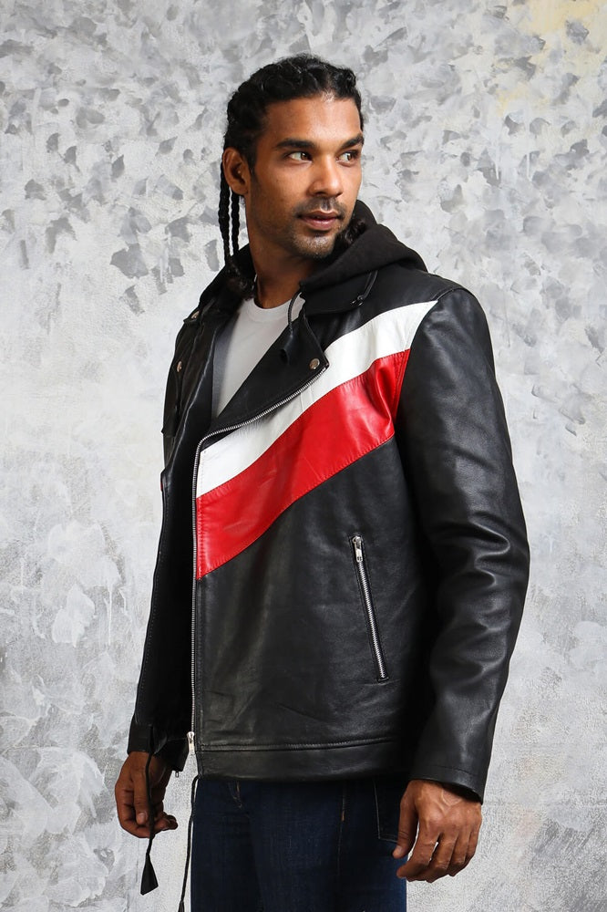 Black Red Leather Jacket Hood