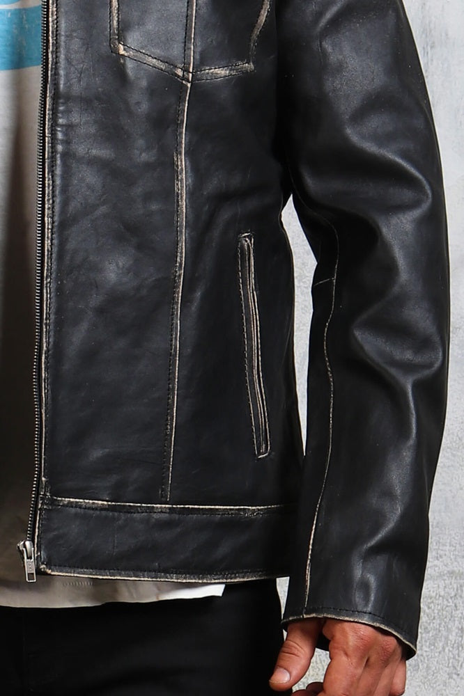 Black Vintage Collared Leather Jacket Mens