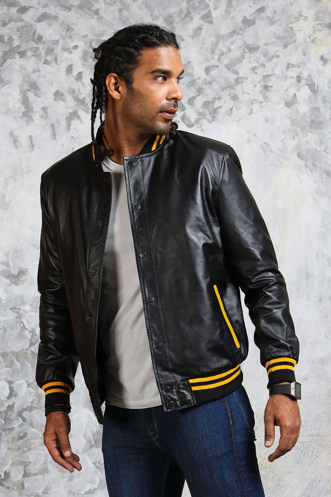Black Yellow Leather Bomber Jacket