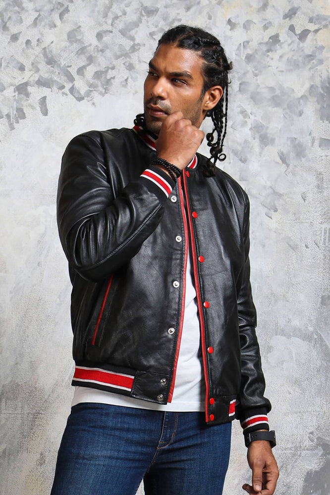 Bomber Leather Jacket With Red Stripes