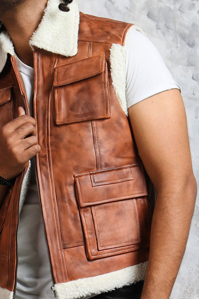 Brown Leather Vest Patch Pockets