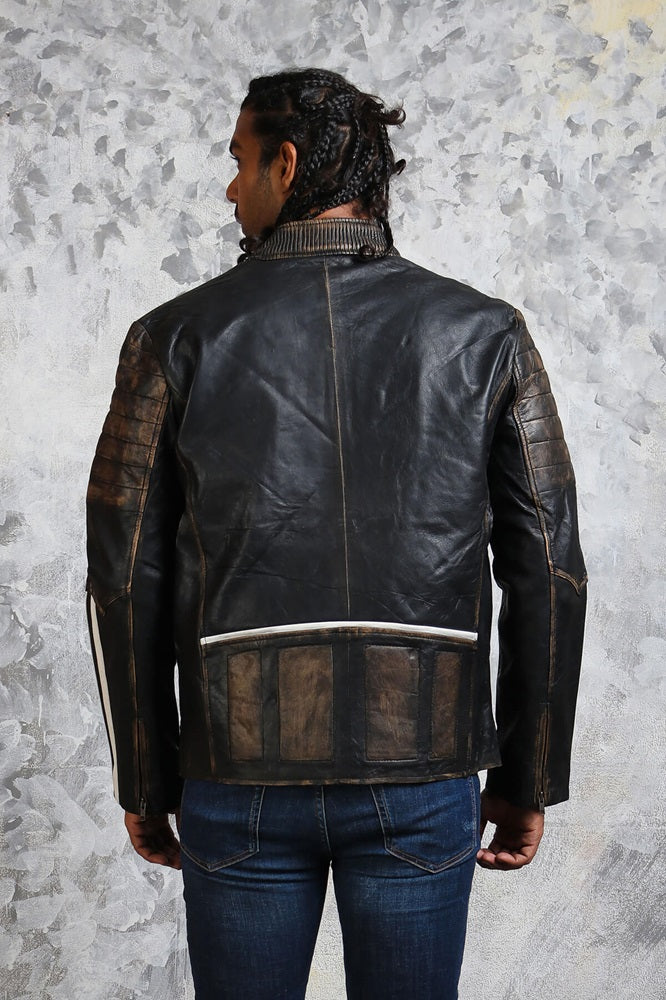 Distressed Leather Jacket Black White
