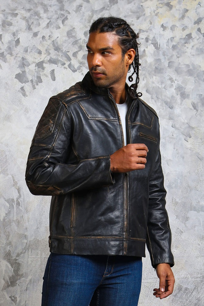 Distressed Leather Quilted Jacket Mens