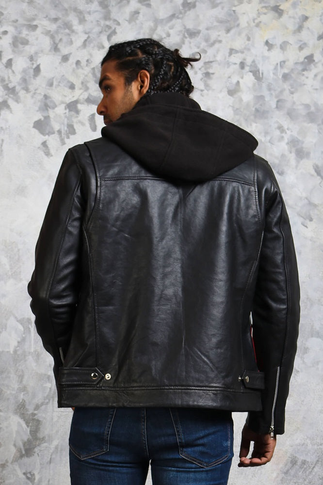 Hooded Leather Jacket Black Red