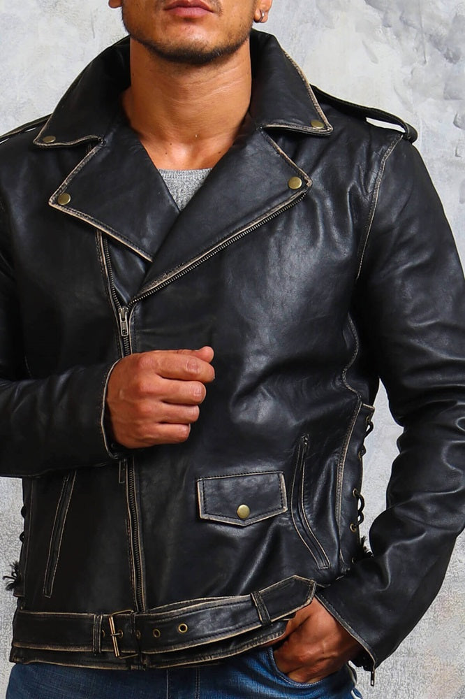 Leather Moto Bike Jacket Mens