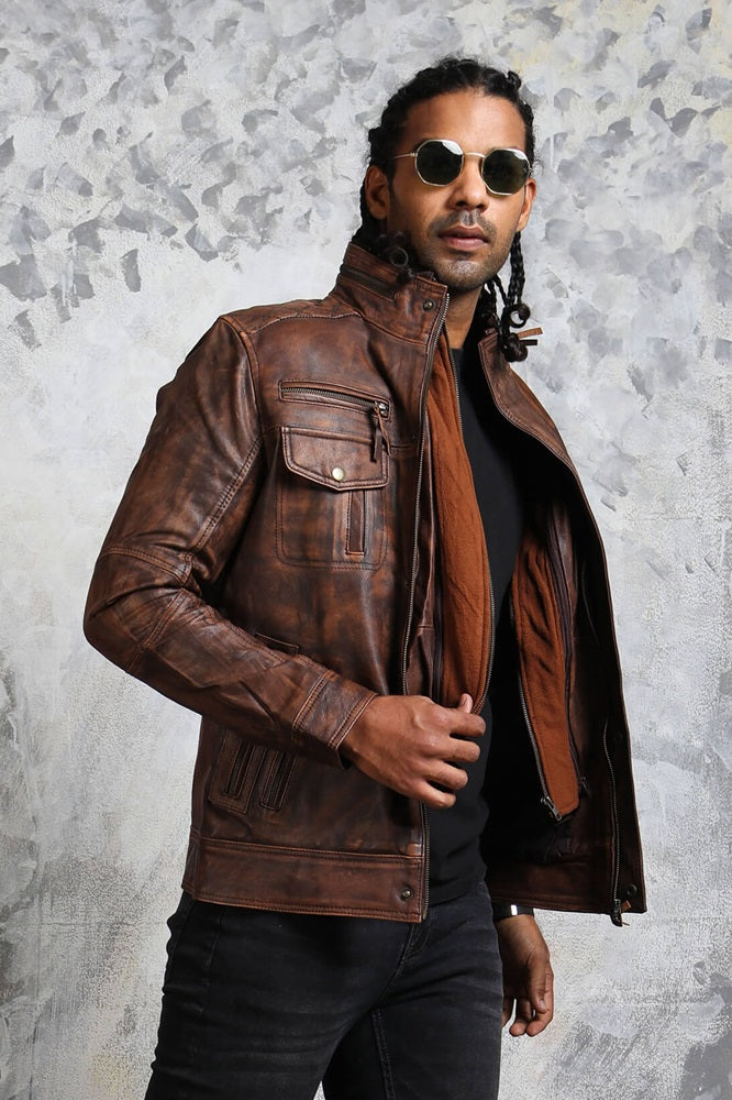 Mens Biker Brown Leather Jacket Stylish