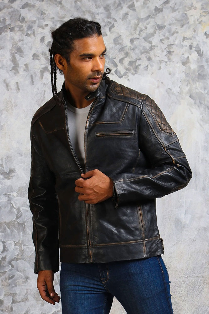 Mens Biker Distressed Leather Jacket Black