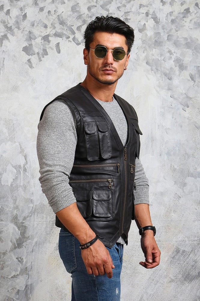 Mens Biker Fitted Leather Vest