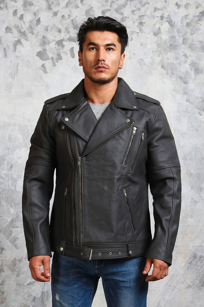 Mens Biker Grey Leather Jacket