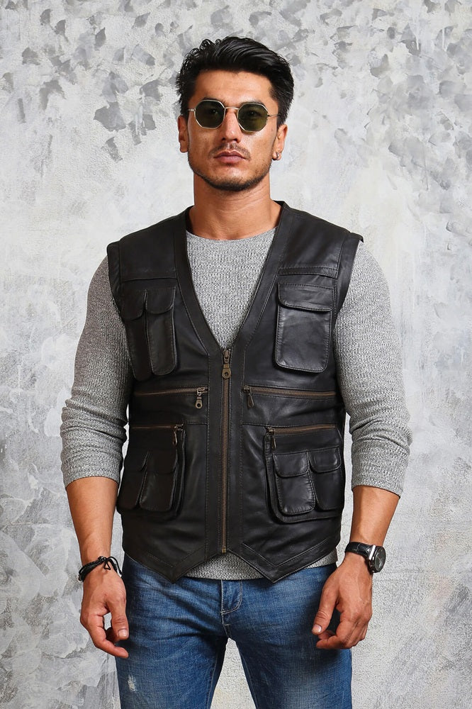 Mens Biker Leather Vest Black