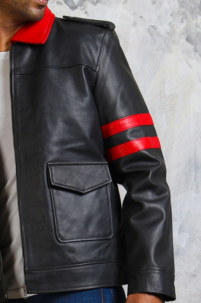 Mens Black Jacket Red Stripes