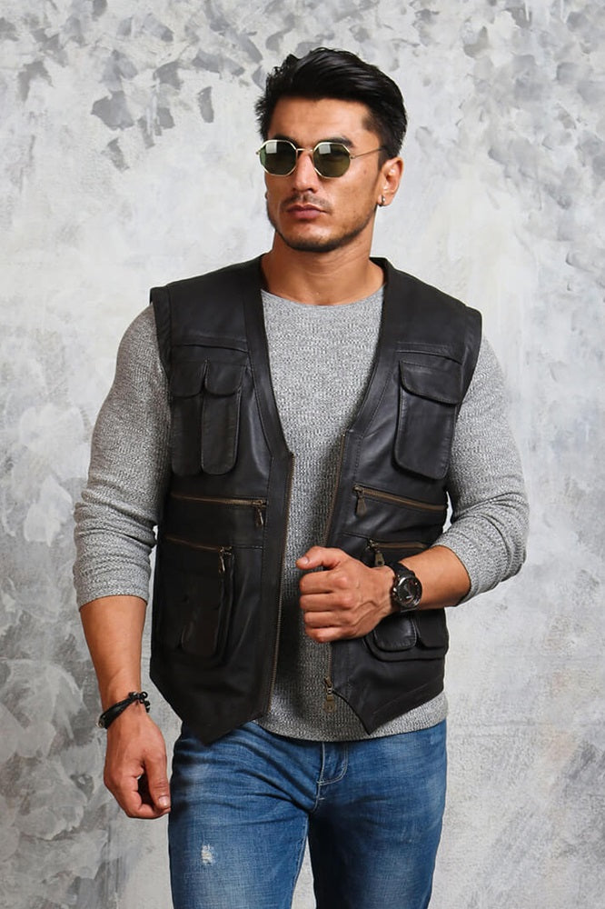 Mens Black Leather Motorcycle Vest