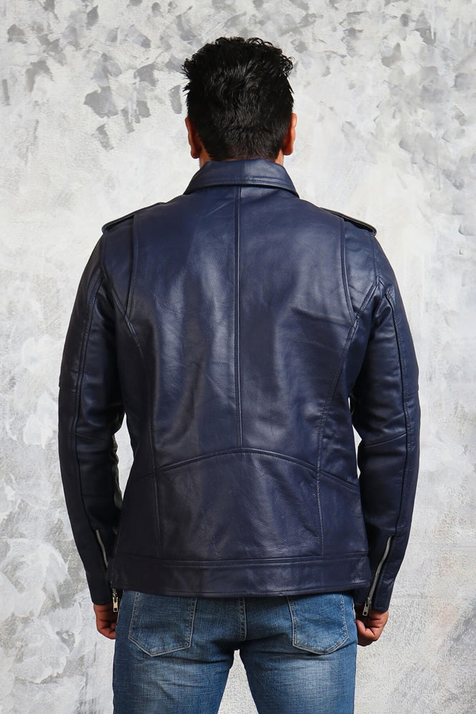 Mens Blue Biker Classic Leather Jacket