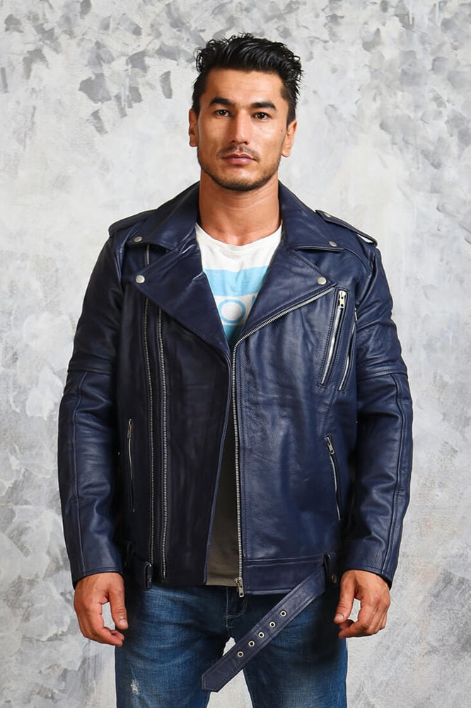 Mens Blue Classic Motorcycle Leather Jacket