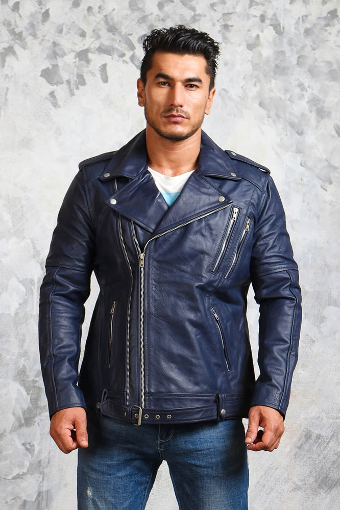 Mens Blue Leather Jacket Collar Stylish