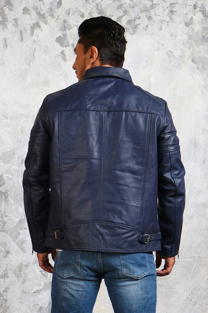 Mens Blue Leather Jacket Collar