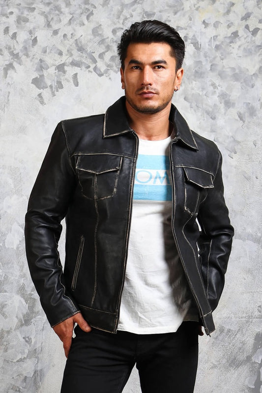 Mens Leather Trucker Jacket Vintage