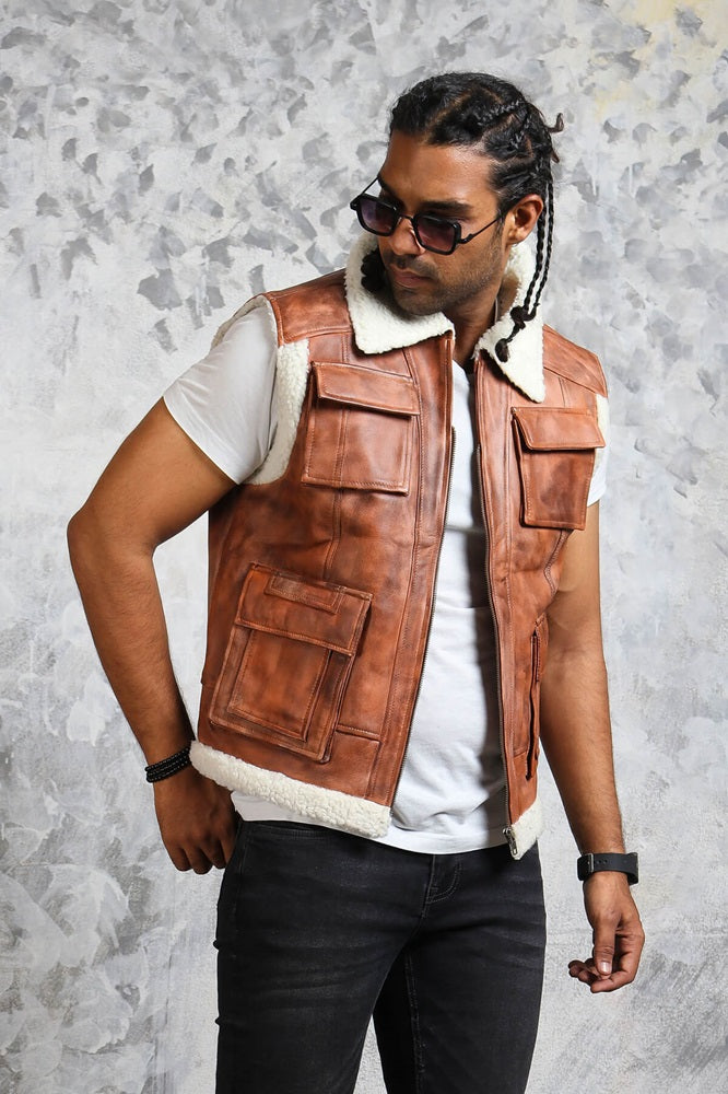 Mens Winter Vest Brown Leather