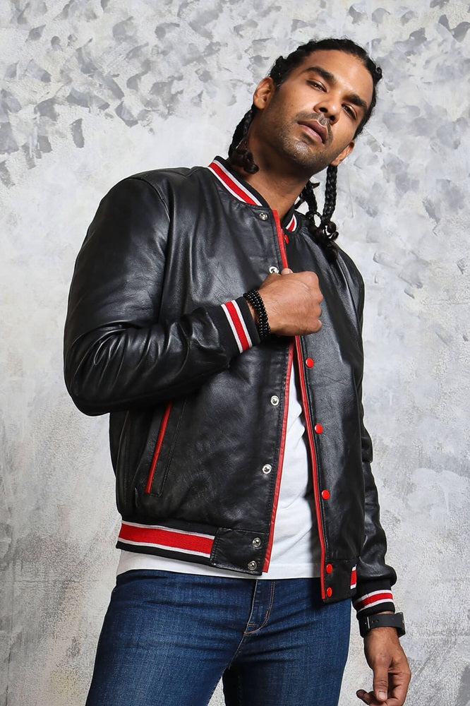 Red And Black Striped Bomber Leather Jacket