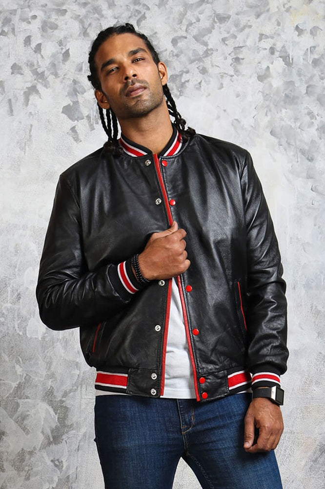 Red Striped Bomber Leather Jacket