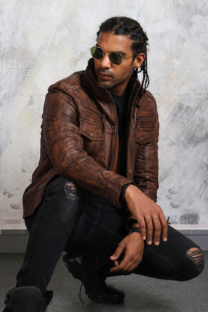 Vintage Brown Leather Biker Jacket