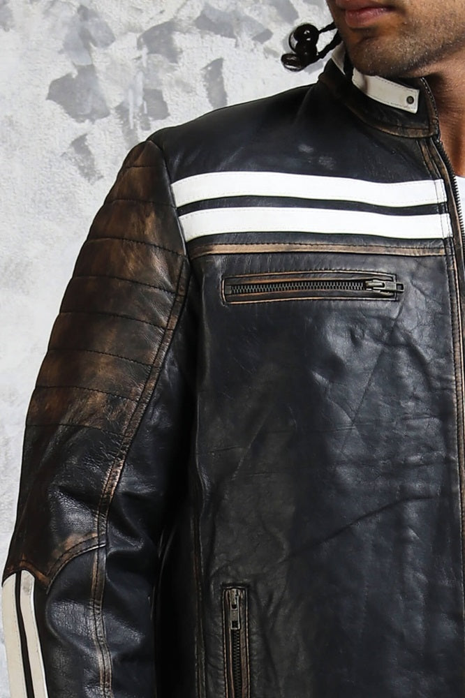 White Striped Distressed Leather Jacket