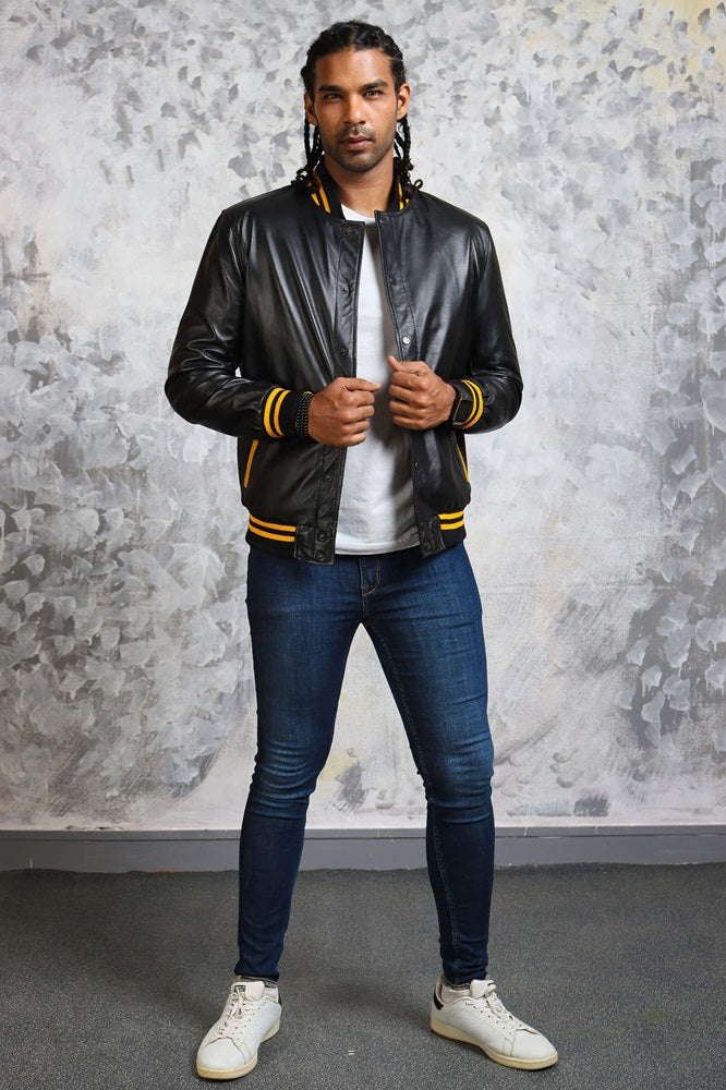 Yellow Leather Bomber Jacket Mens