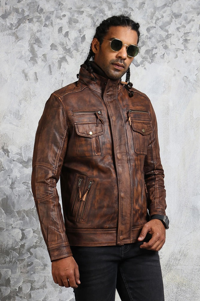 Brown Biker Leather Jacket Mens Vintage Motorcycle
