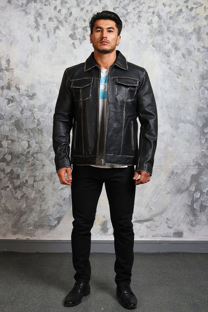 Vintage Black Leather Jacket For Mens