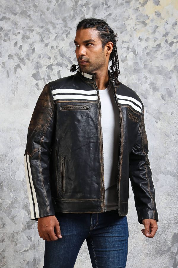 black leather jacket with white stripes
