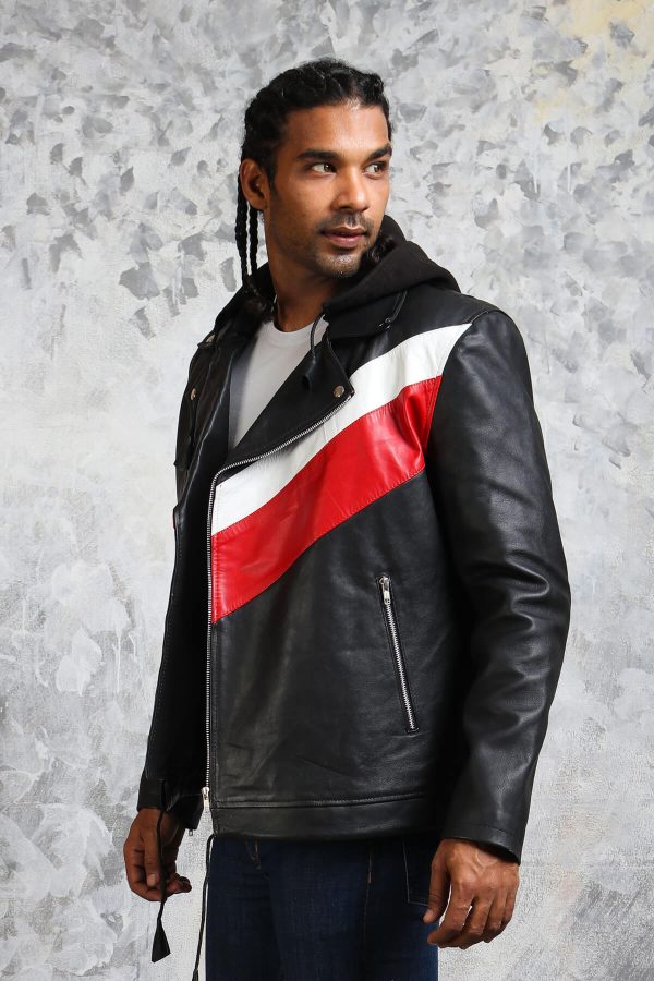 Black and Red hooded Leather Jacket