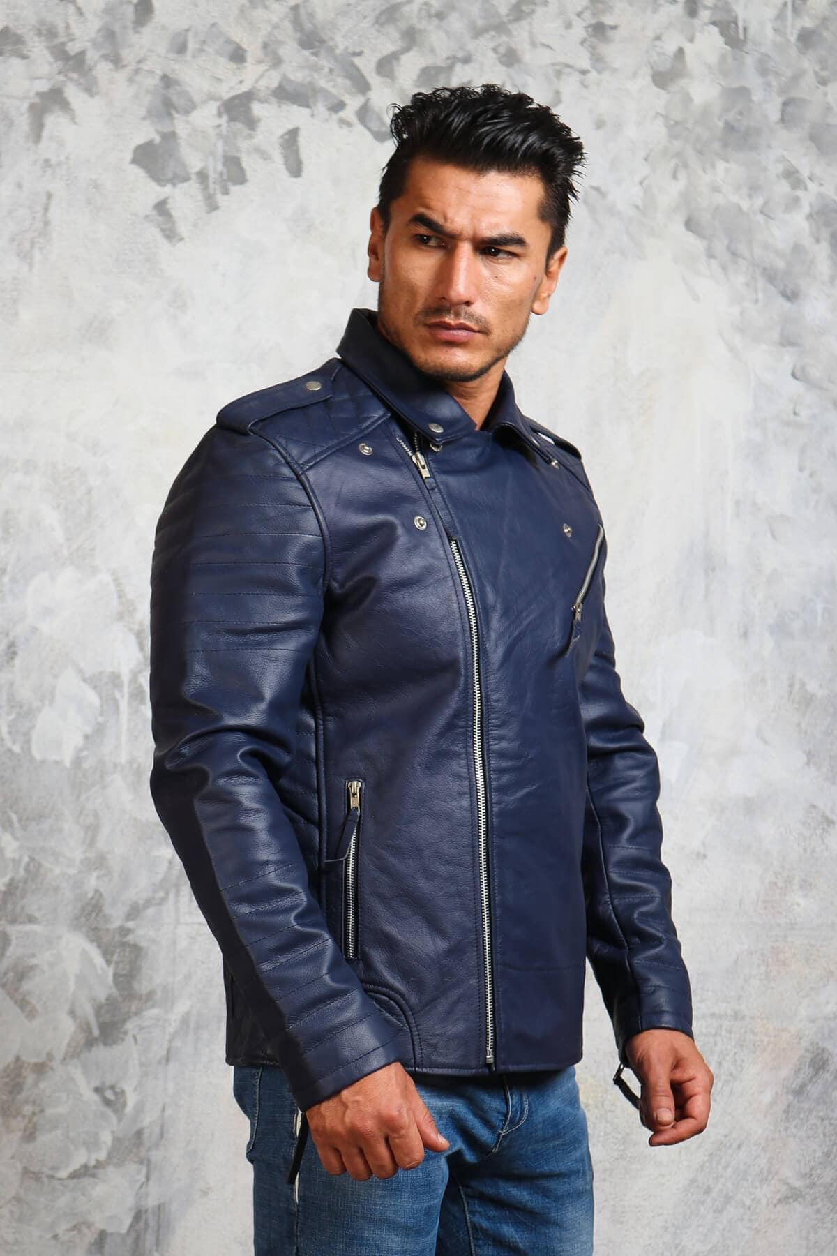 Amazon.com: Men Motorcycle With Removable Hood Blue Leather Jacket  (X-Small) : Clothing, Shoes & Jewelry