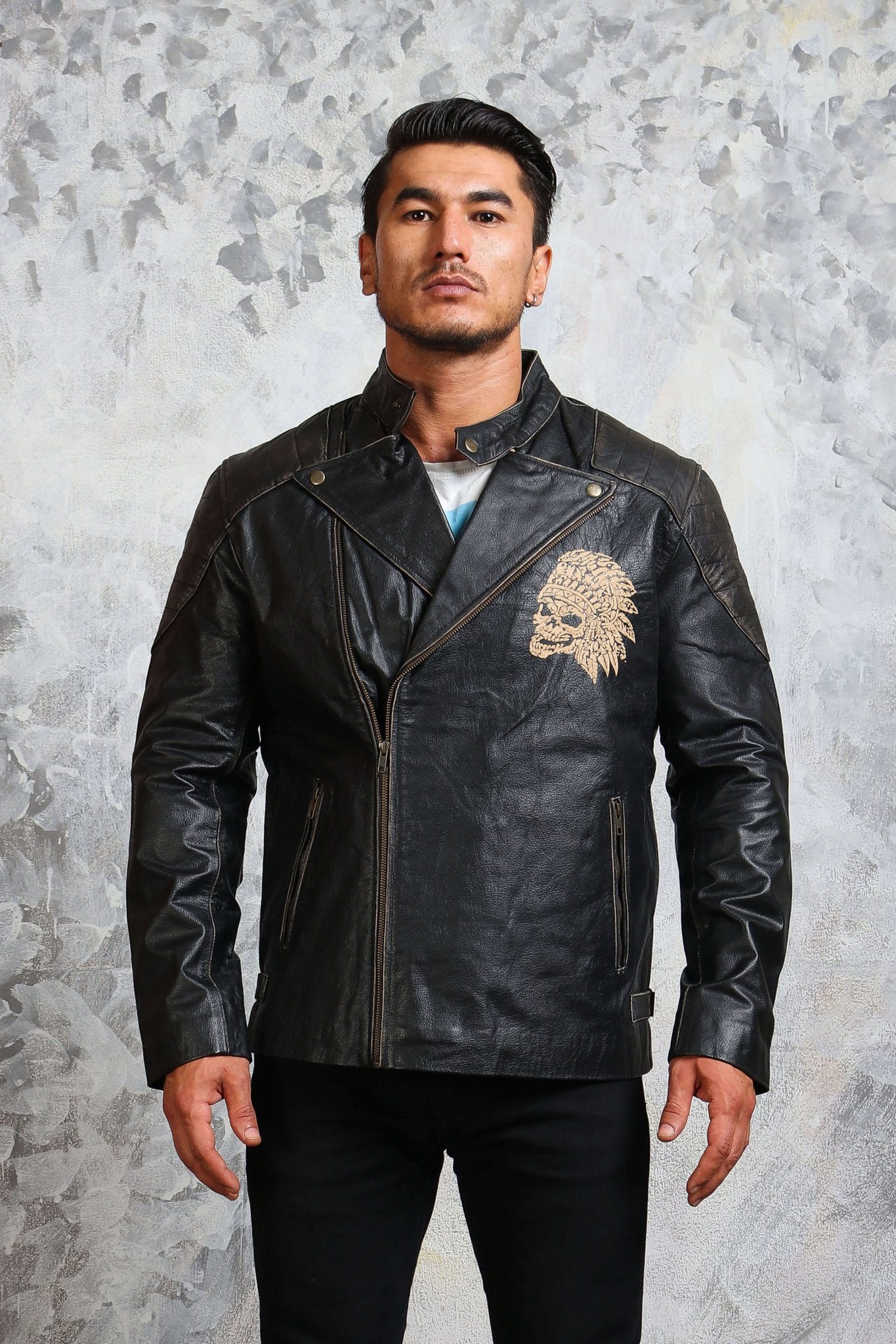 Indian Skull Leather Jacket for Men in Black