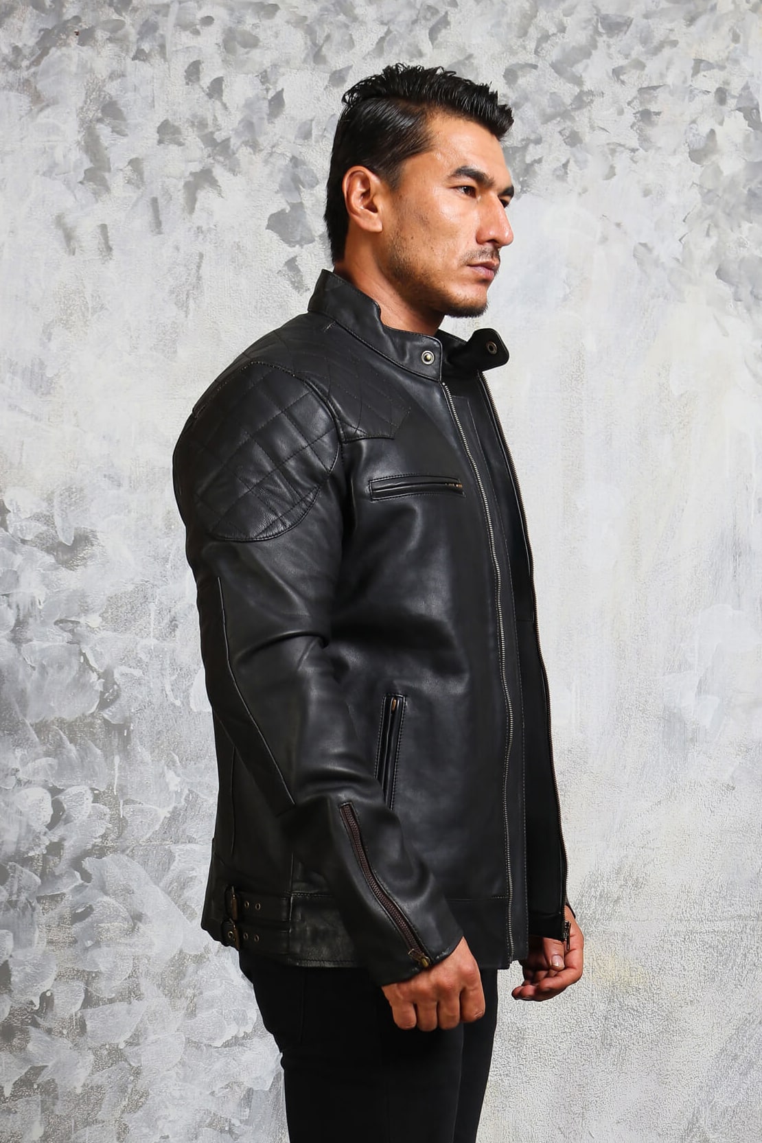 Black Biker Leather Jacket Men's in Real Leather