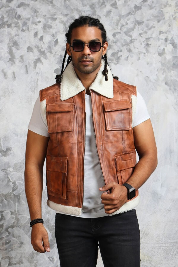 Leather Vest Mens with Fur Collar