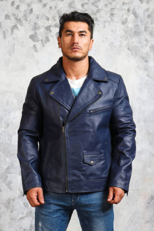 Mens Leather Blue Motorcycle Jacket