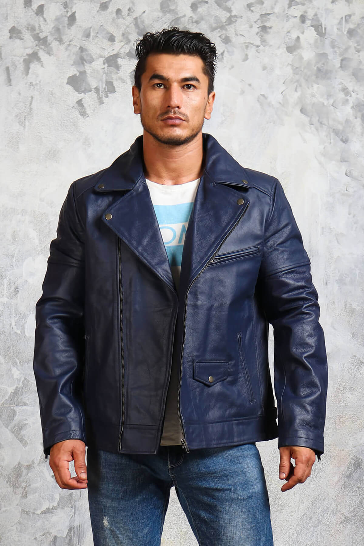 Blue Motorcycle Jacket in Real Leather - Men's Blue Leather Jacket