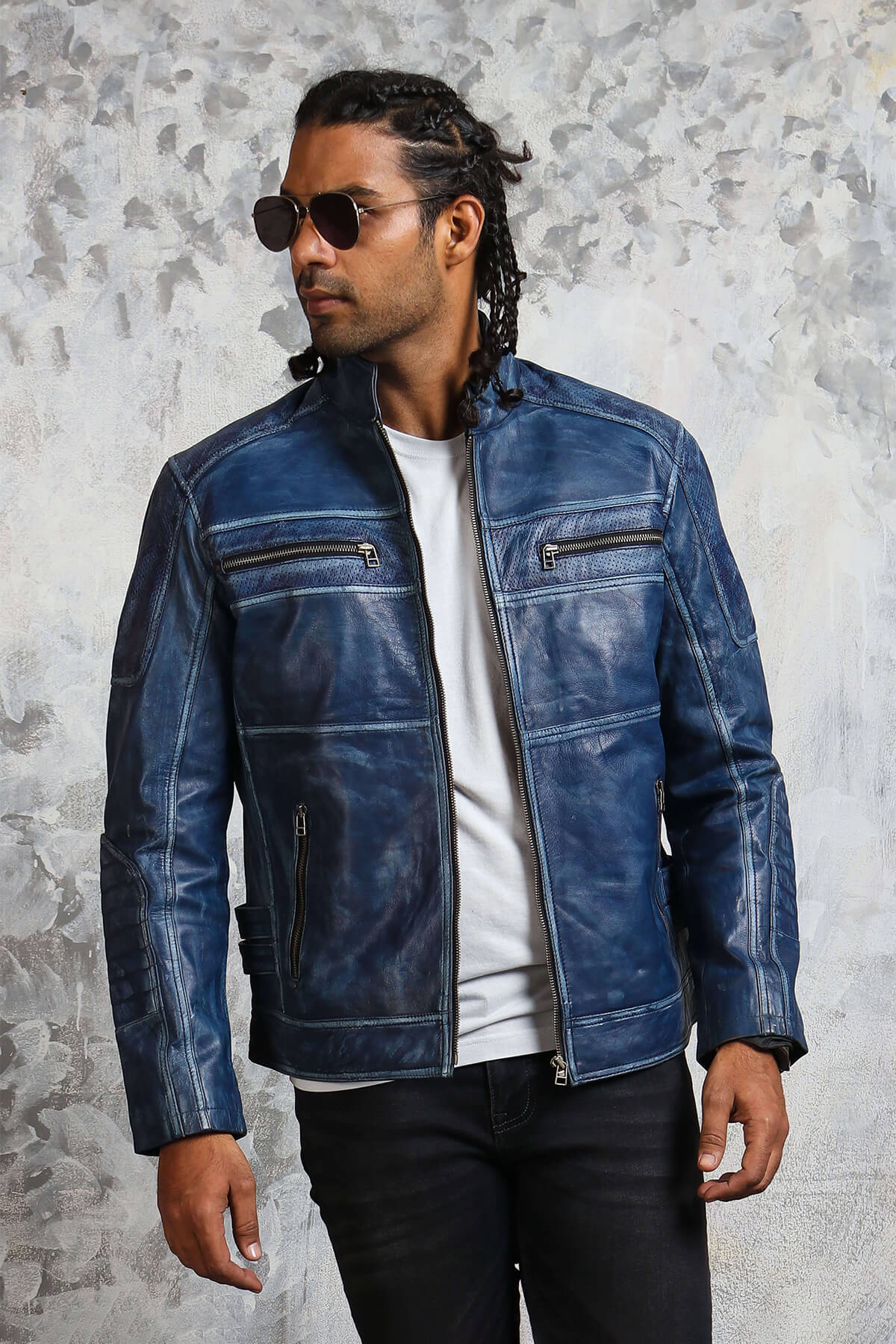 Preventie wond leer Men's Blue Leather Jacket - Perforated Distressed Blue Motorcycle Jacket