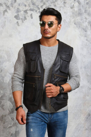 Motorcycle Black Leather Vest with Cargo Pockets